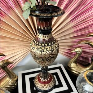 Vintage etched brass enameled vase